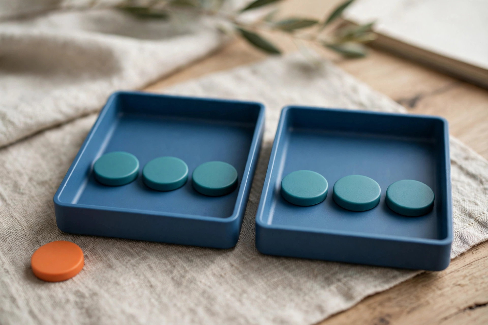 Two blue sorting trays with teal tokens sit on a textured cloth, with an orange token beside one tray.