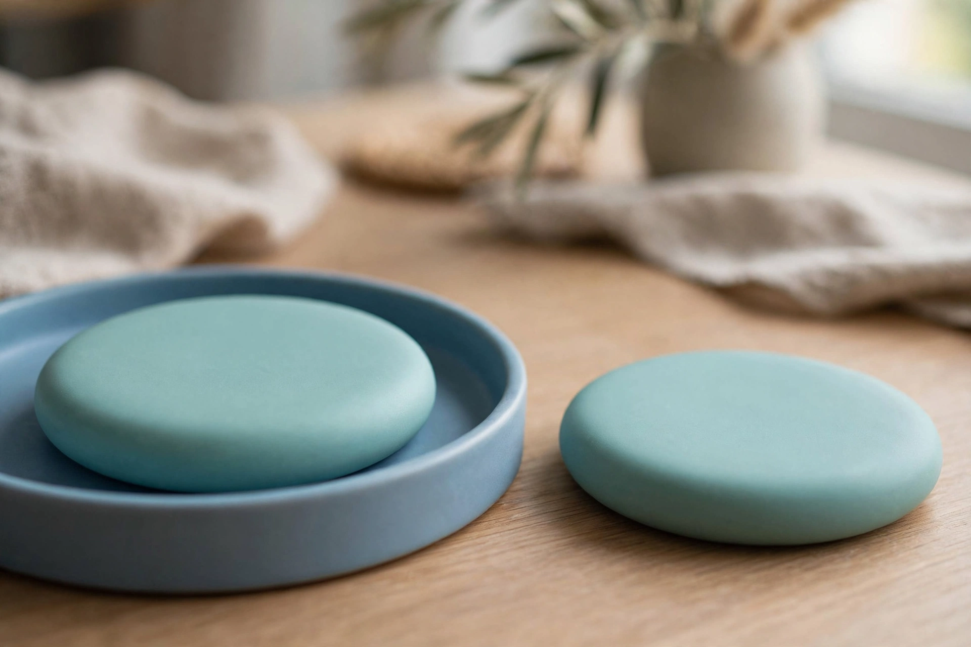 Two identical teal discs are shown, with one resting in a blue tray and the other placed separately on a wooden surface.