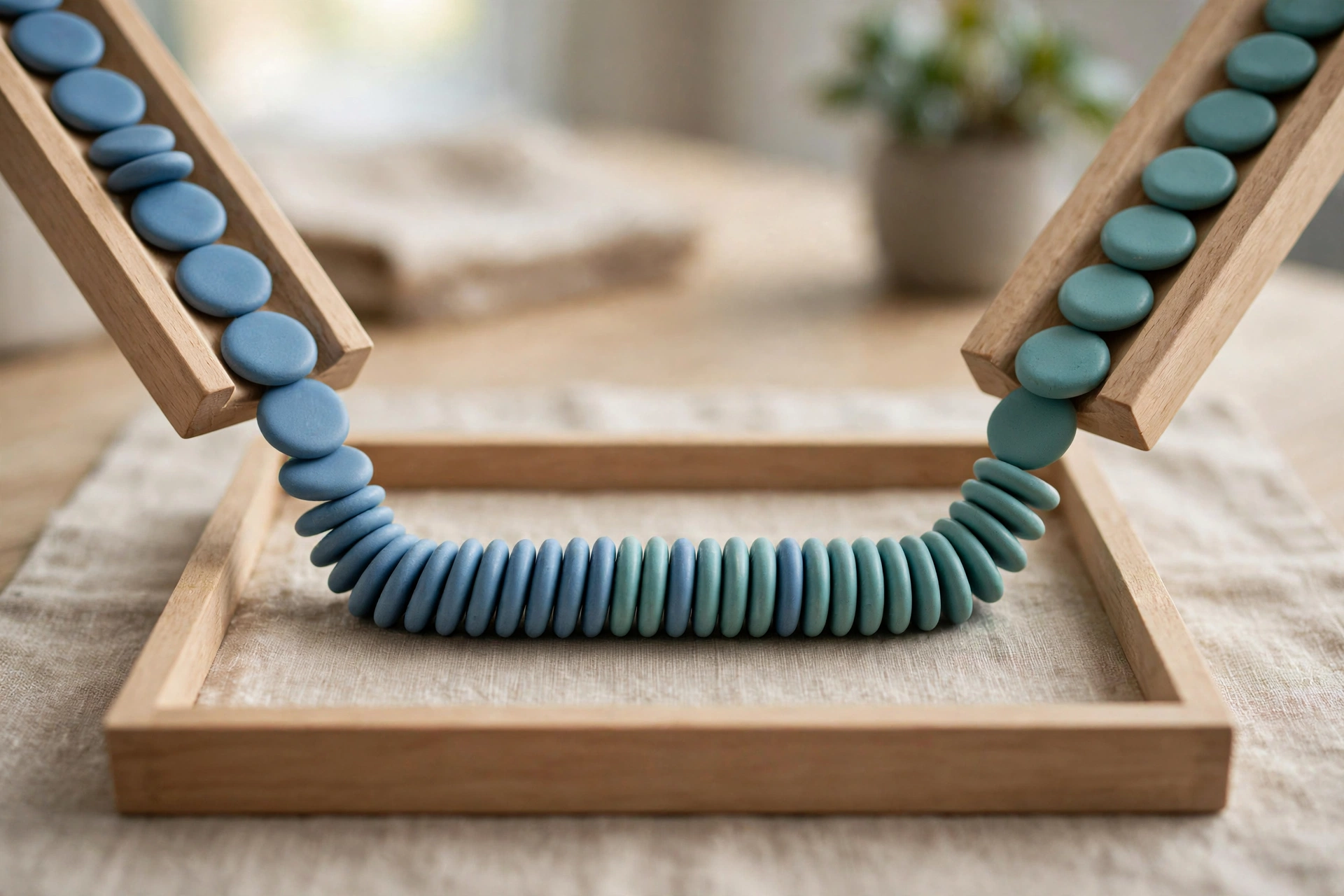 Two wooden channels guide streams of blue and teal tokens that merge into a single row within a wooden tray.
