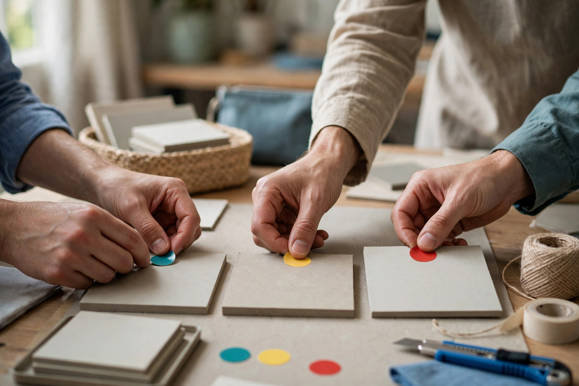 Three people's hands are arranging square material samples on a table, placing colored dots on them.