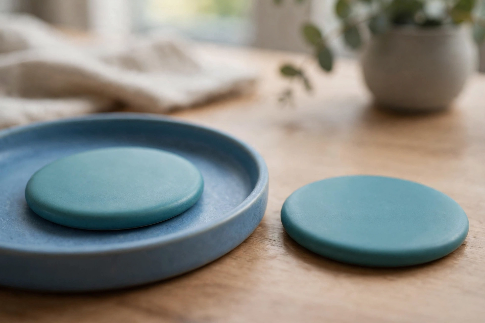 Two identical teal discs are shown on a wooden desk; one disc rests inside a blue tray, and the other is placed separately outside the tray.