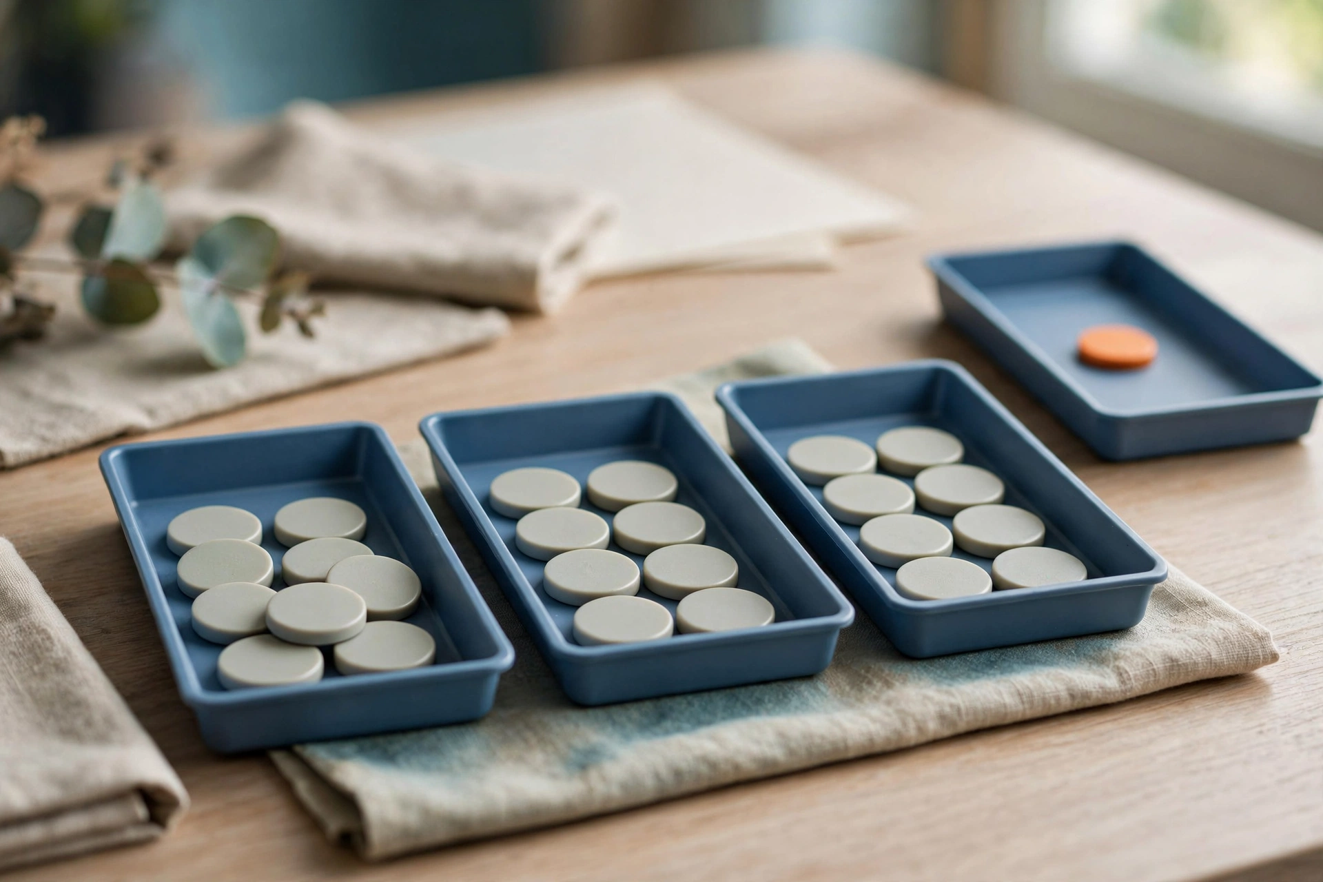 Three blue trays hold blank tokens, with a fourth tray containing a single orange token, arranged on a wooden desk.