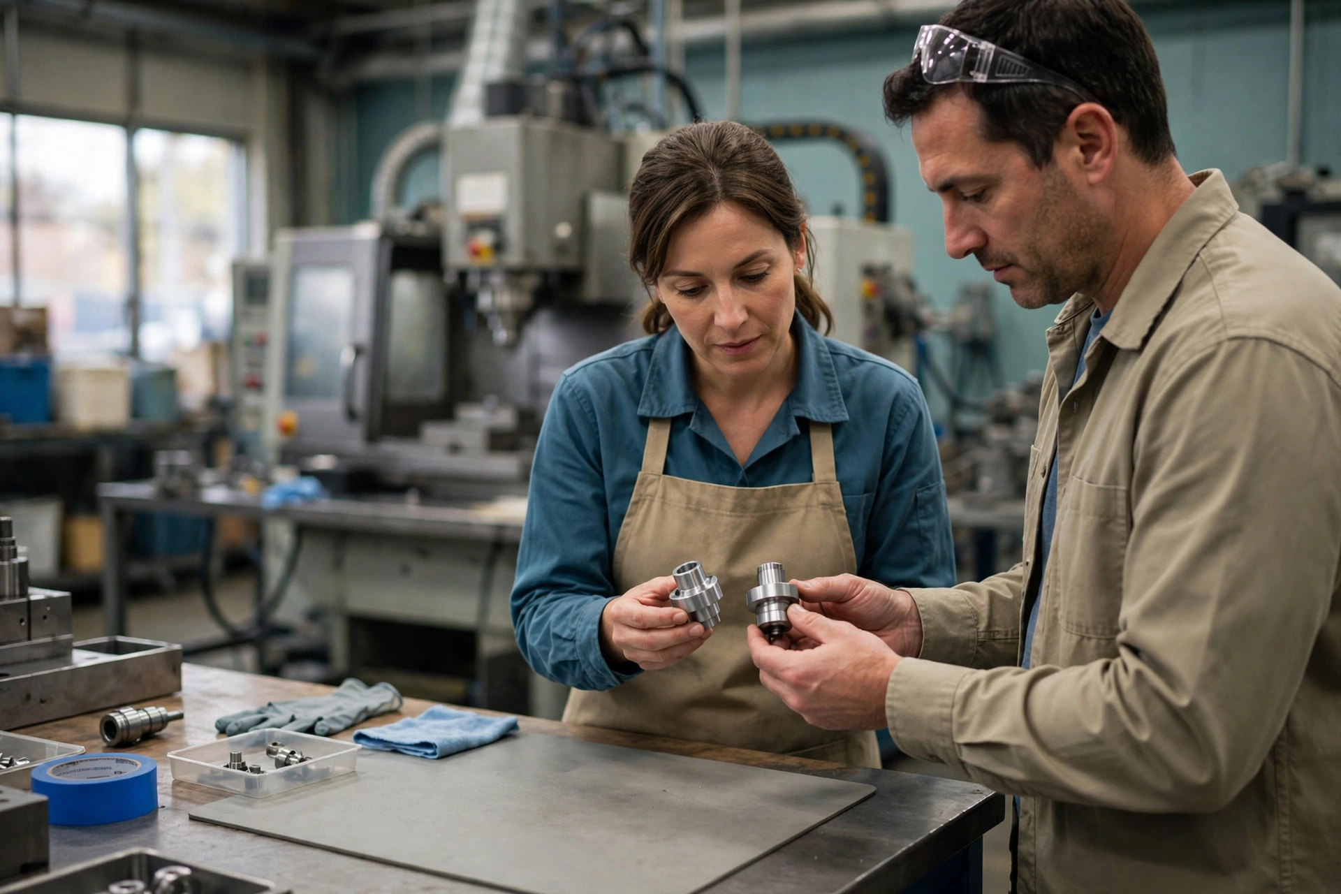 A man and a woman stand at a workbench in a manufacturing facility, comparing two metal components.