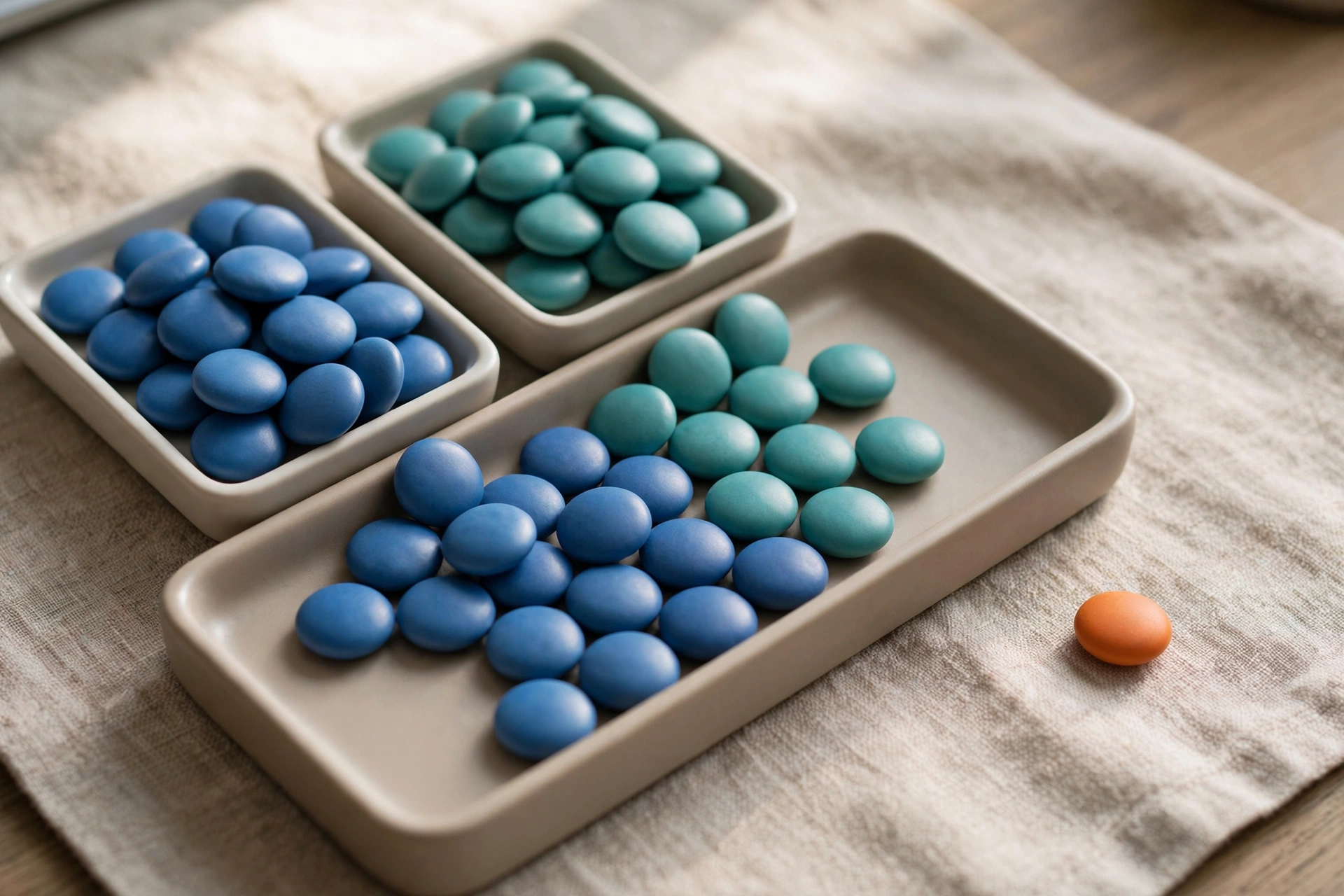Two square trays of blue and teal tokens feed into a single larger tray, with one orange token beside it on a textured cloth.