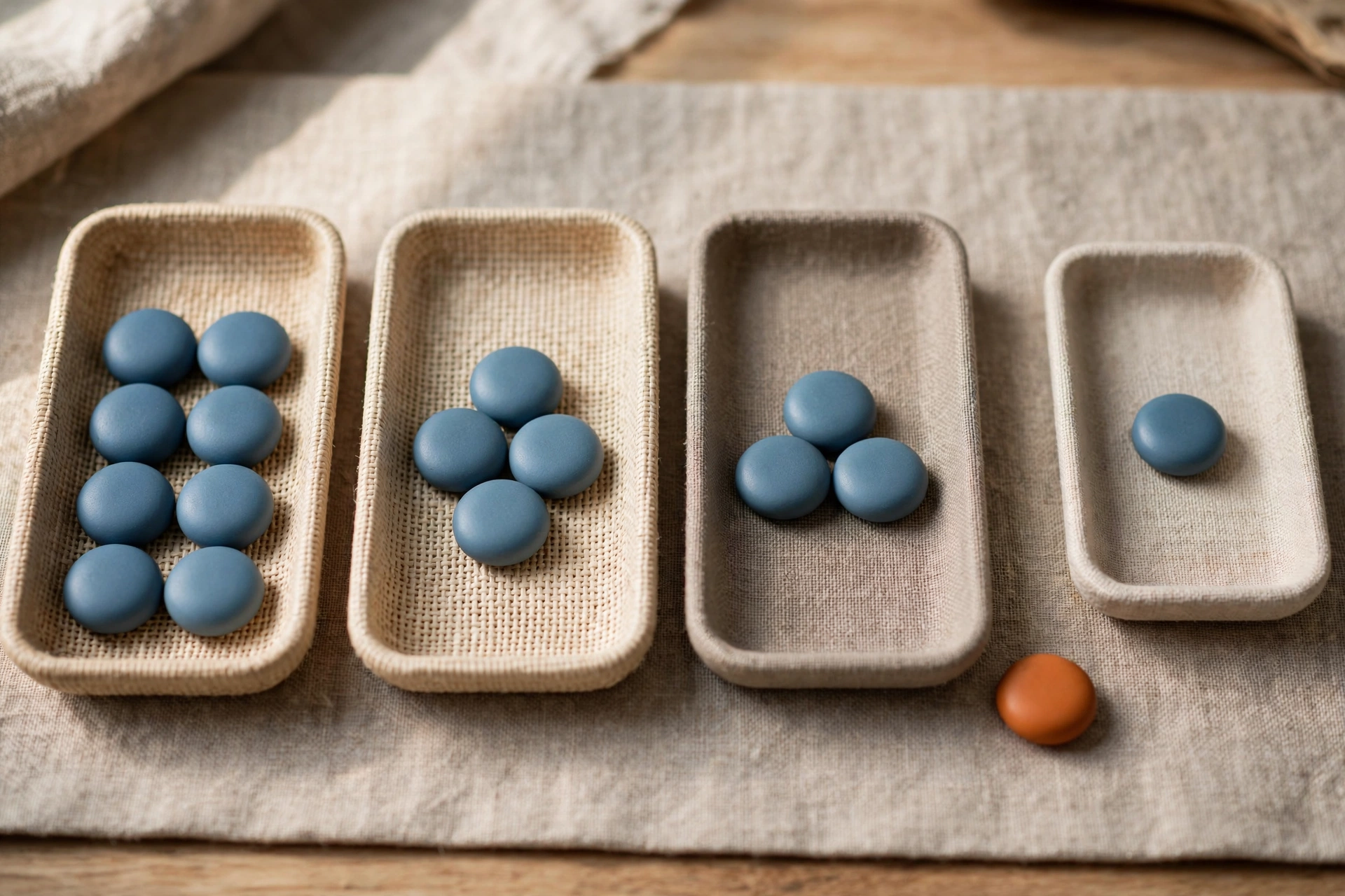 Four shallow trays with blue tokens and one orange token arranged on a textured cloth.