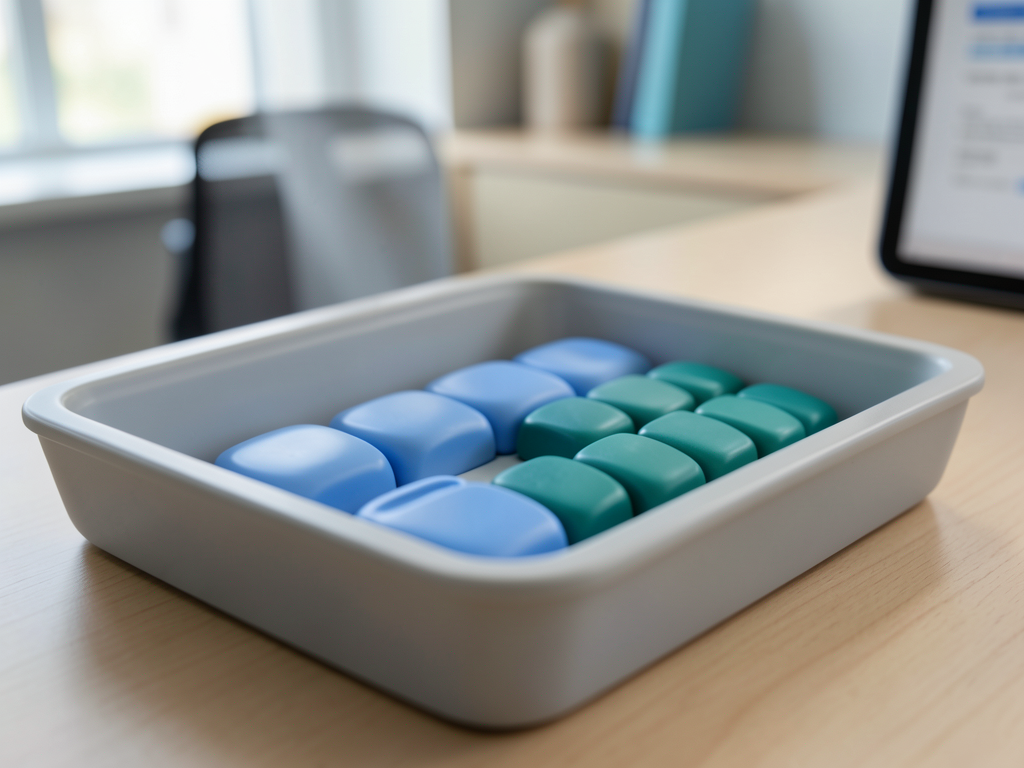 Two streams of blue and teal tokens converge into a single ordered row within a shallow sorting tray on a desk.