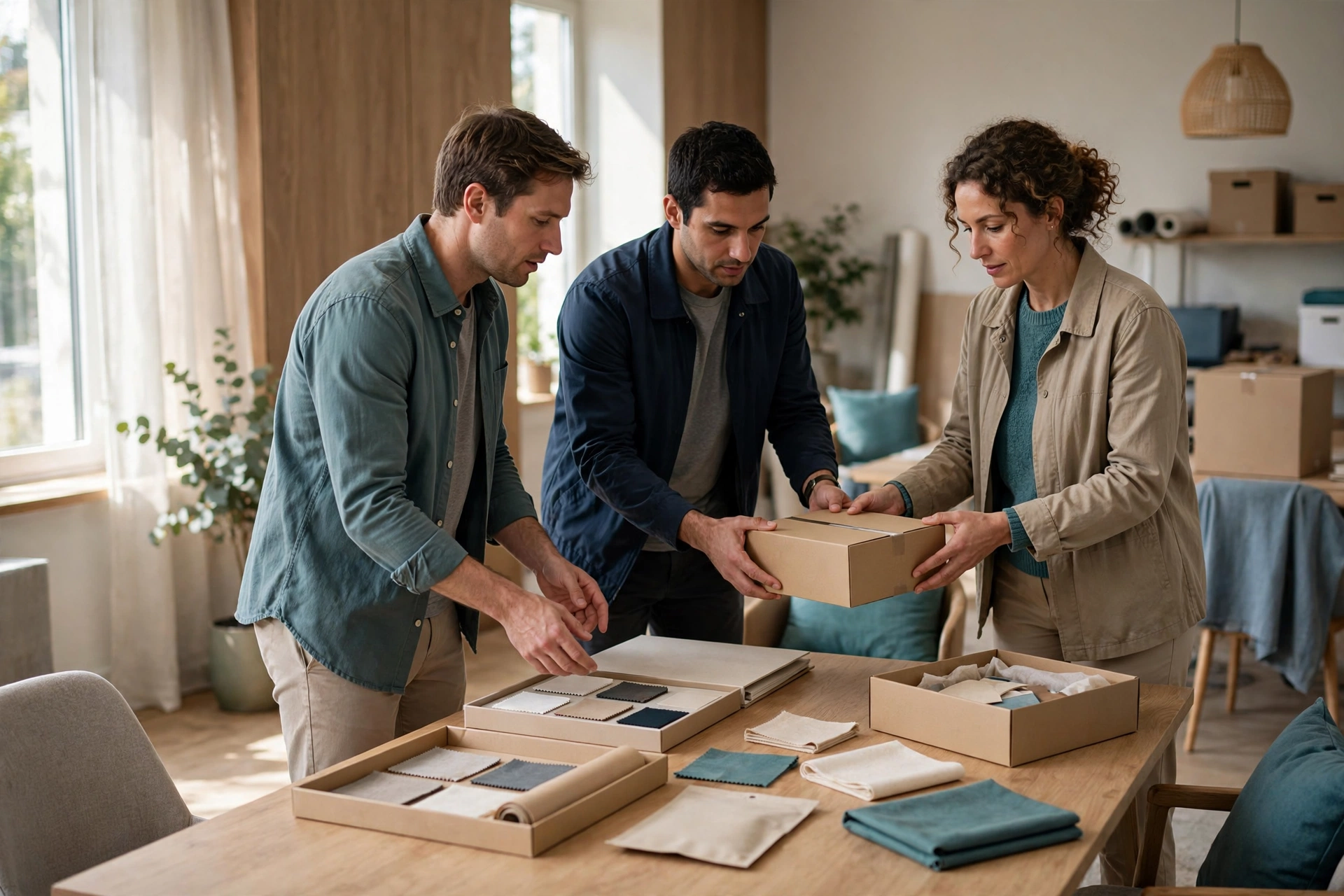 Three people are gathered around a table in a bright room, coordinating a customer handoff with sample materials and boxes.