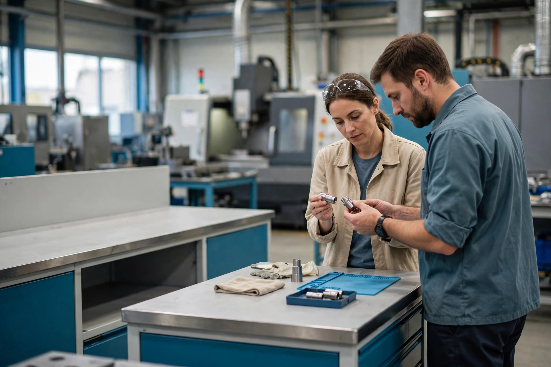 A man and a woman in a factory setting examine metal components at a workbench, with machinery in the background.