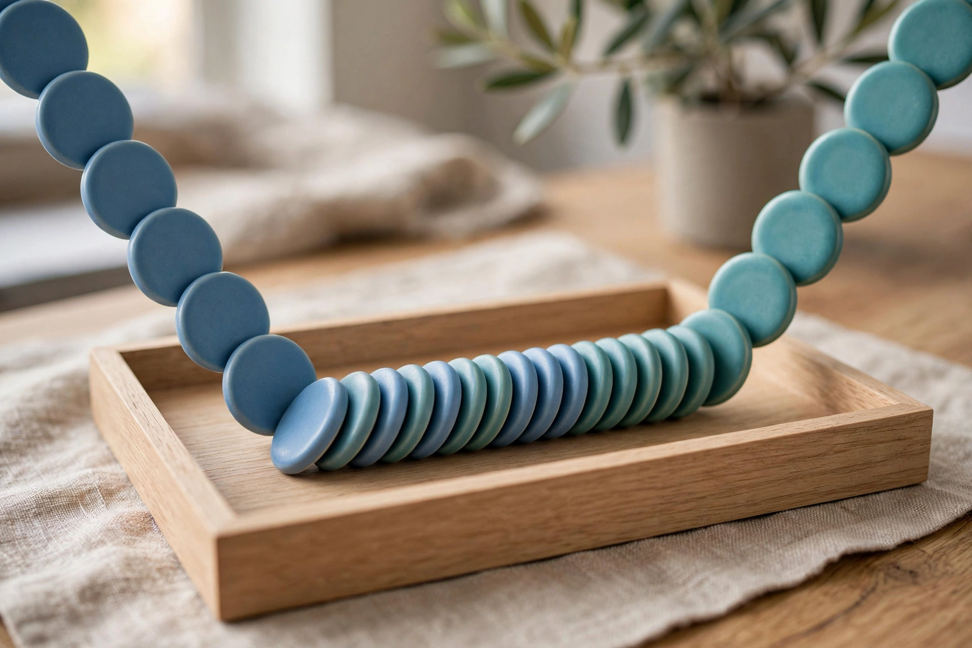 Two strands of blue and teal ceramic tokens converge into a single ordered row within a wooden tray on a table.