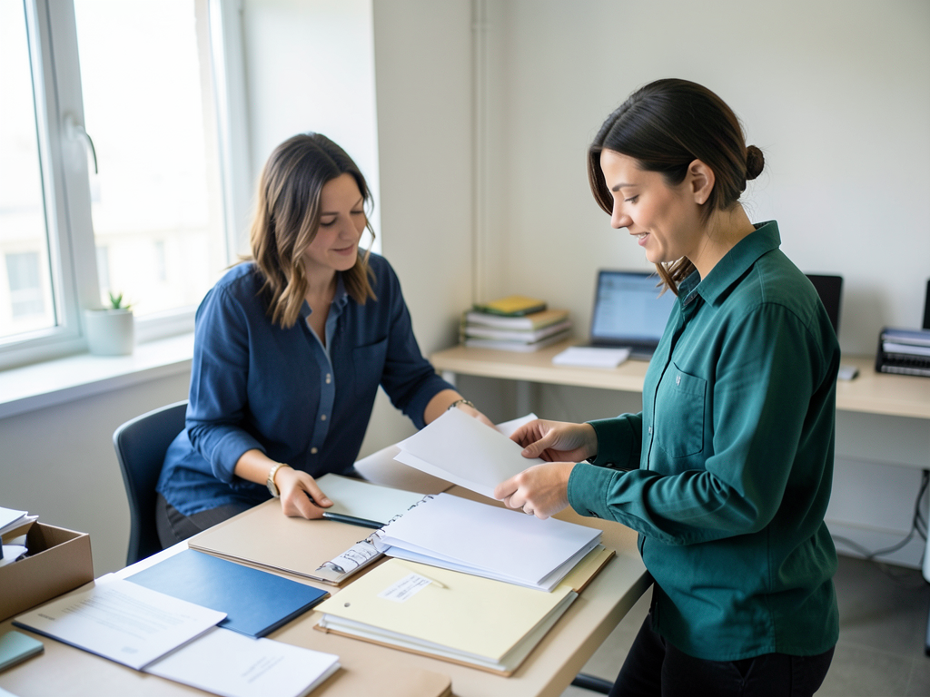 Two women are looking at papers together at a desk in a bright office.