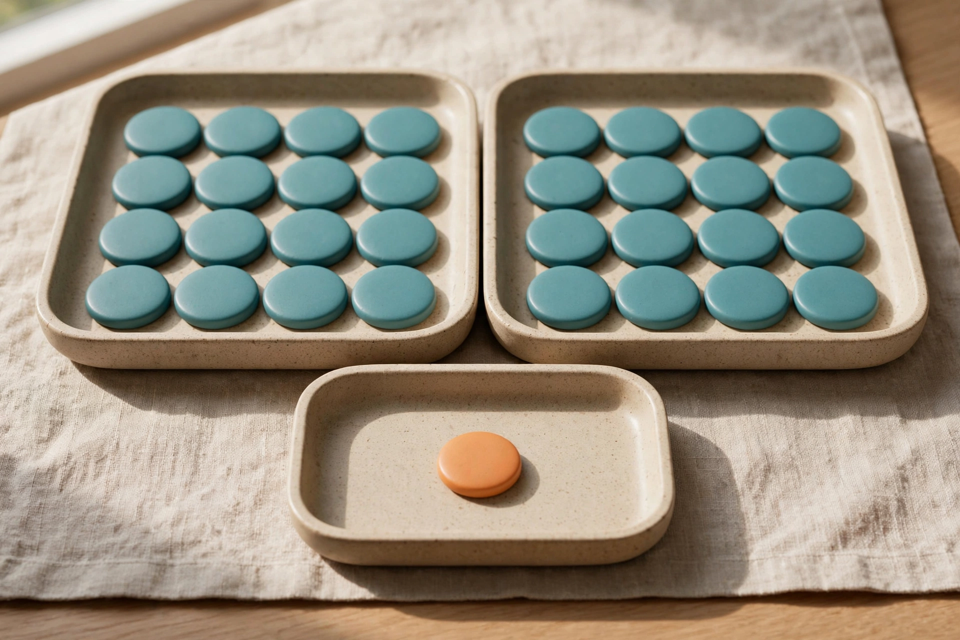 Two trays of teal tokens and one tray with a single orange token are arranged on a textured cloth.