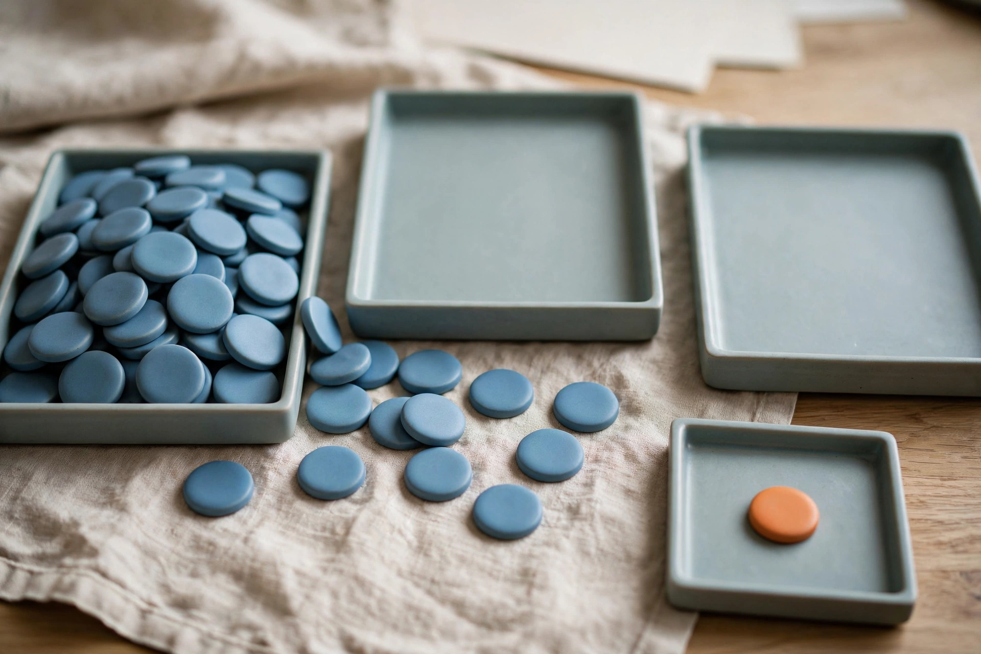 Three shallow trays hold blue tokens, with one tray containing an orange token, arranged on a textured cloth.