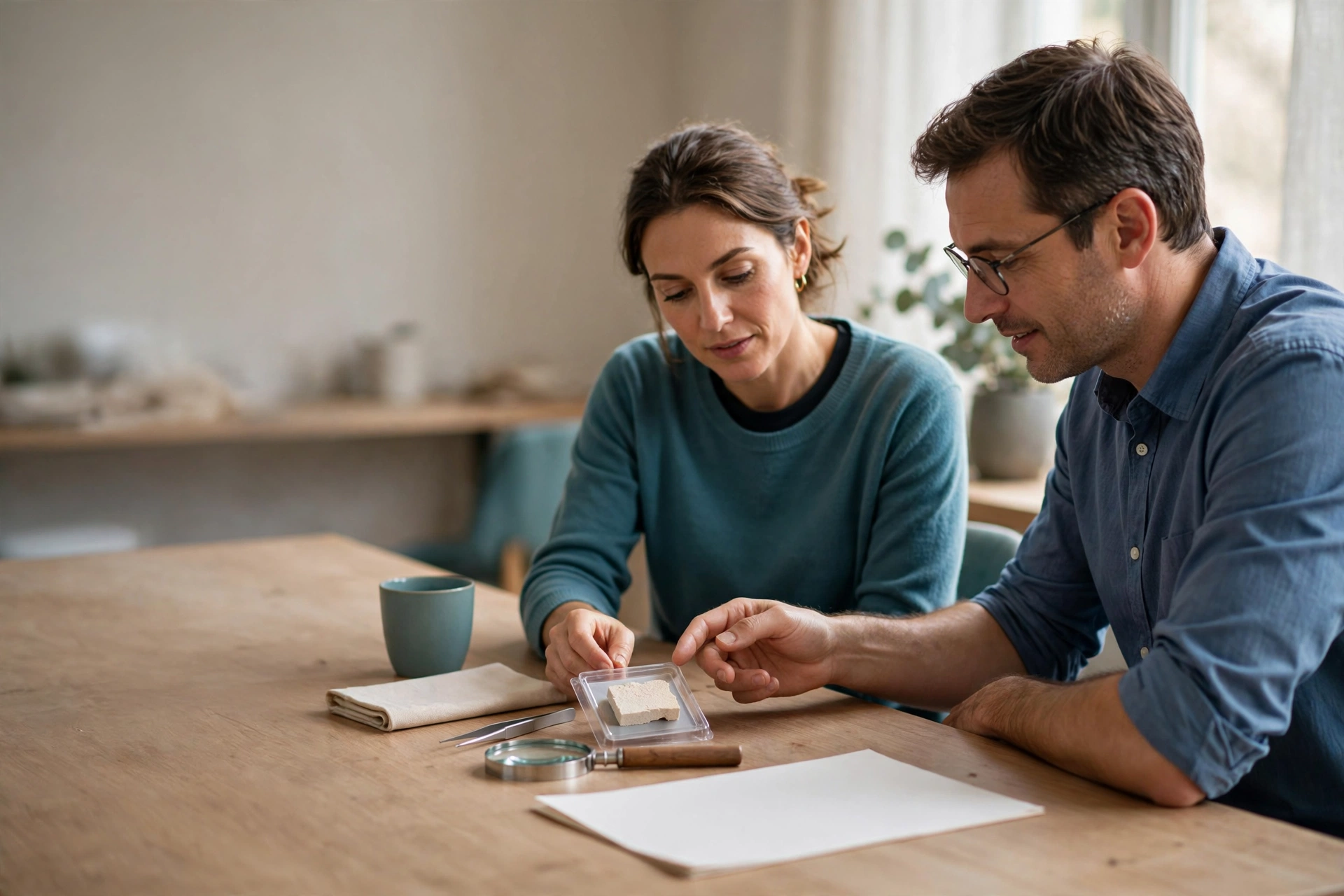 A man and a woman sit at a wooden table, examining a small sample in a plastic container.