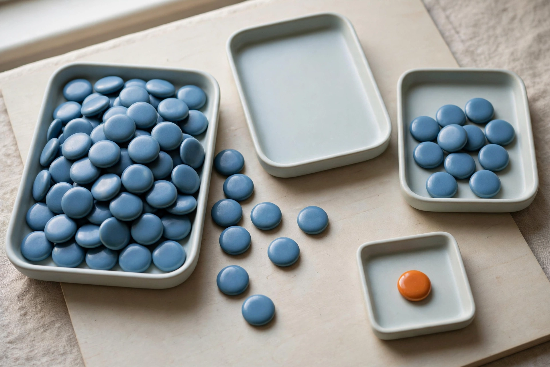 Blue tokens are in three trays, with one tray empty and another containing an orange token.