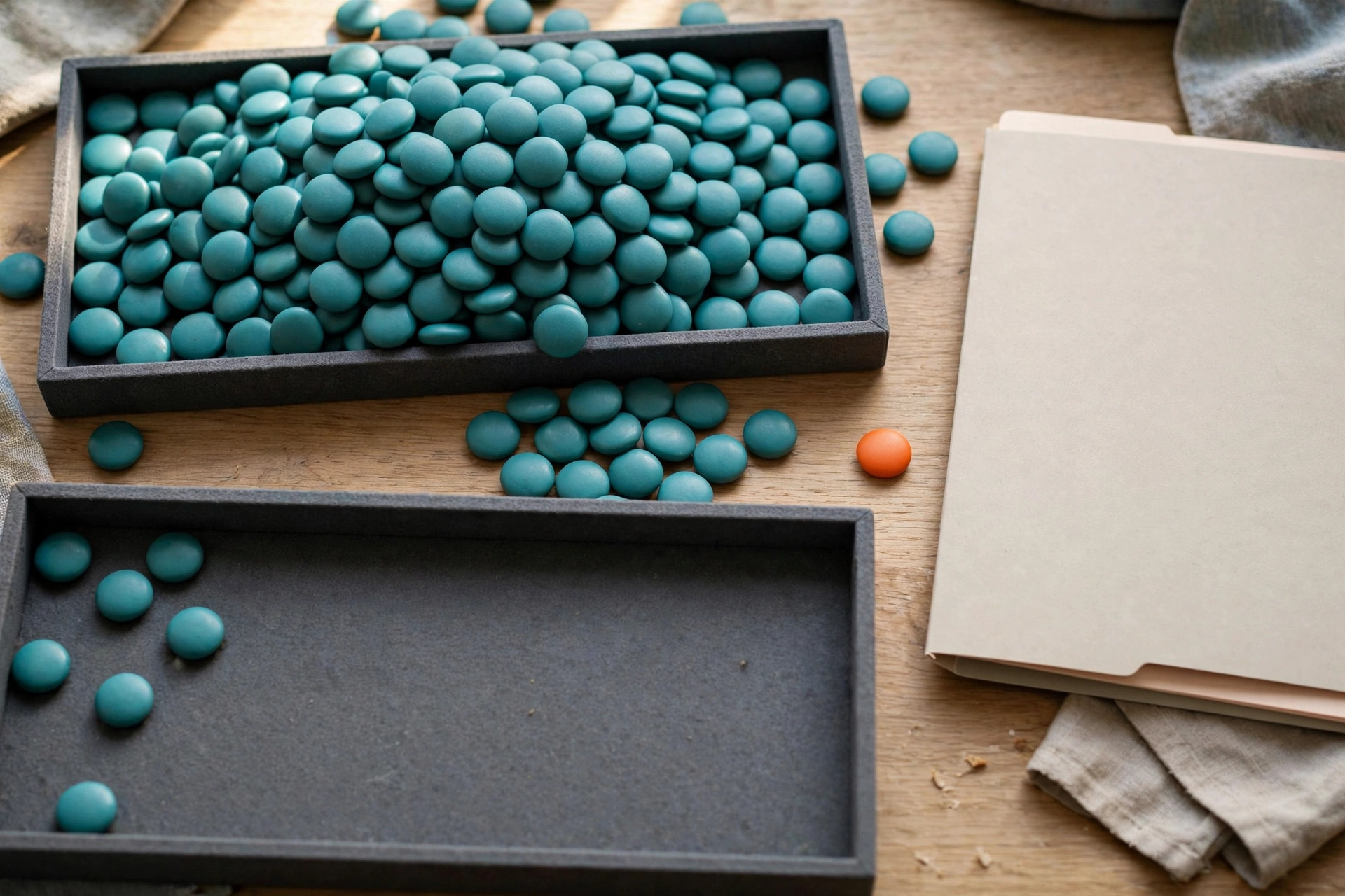 Teal tokens are in two trays on a wooden surface, with some tokens scattered between them and one orange token near a folder.