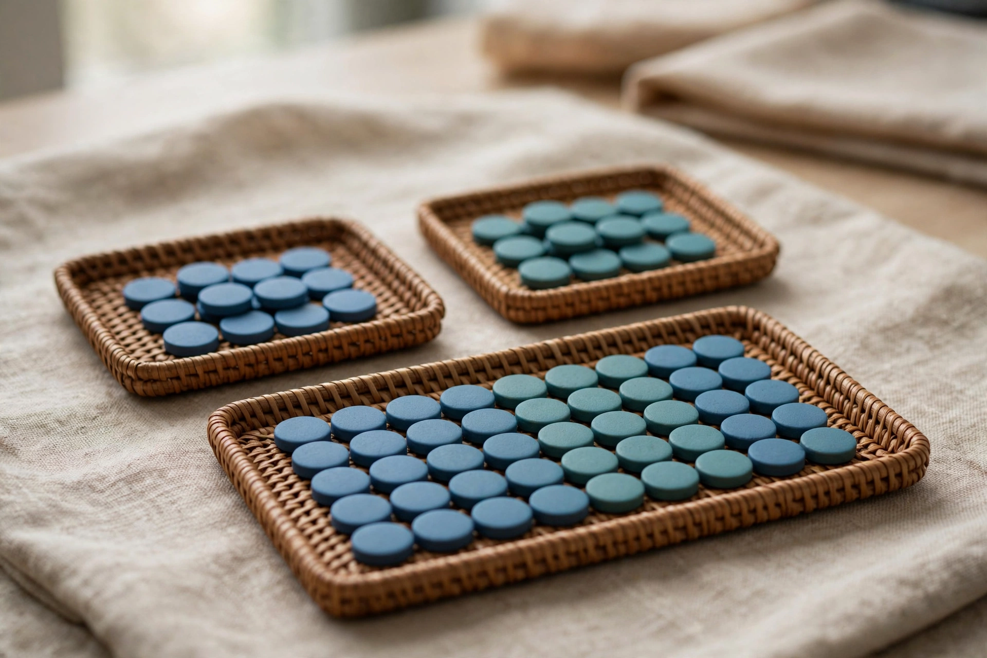 Three woven trays of round tokens, two with blue and teal tokens separately, and one with a combined sequence of both colors.