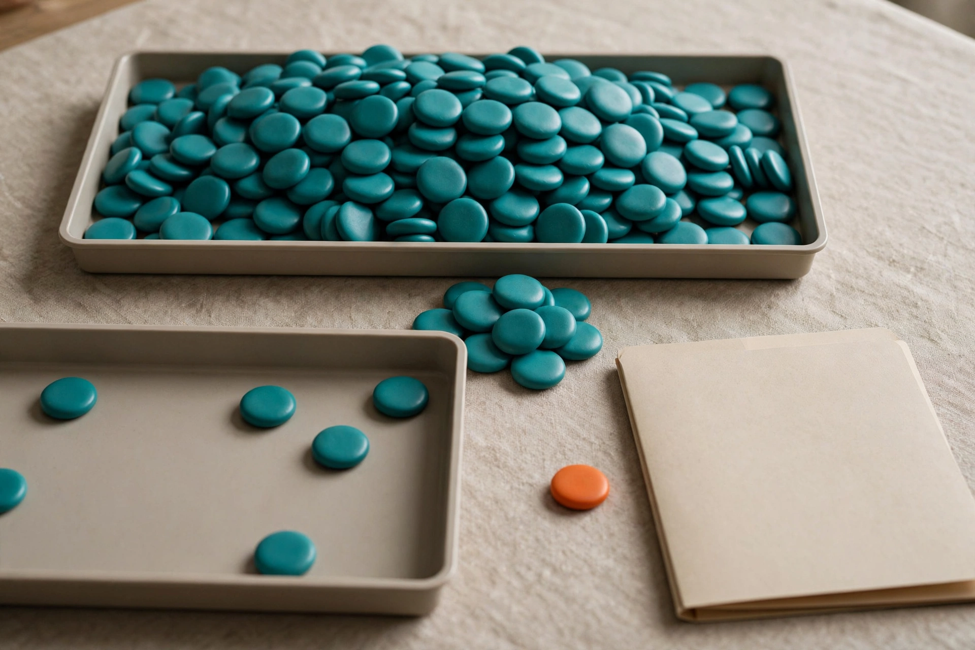 A still life arrangement of teal tokens in trays and an orange token beside a folder.