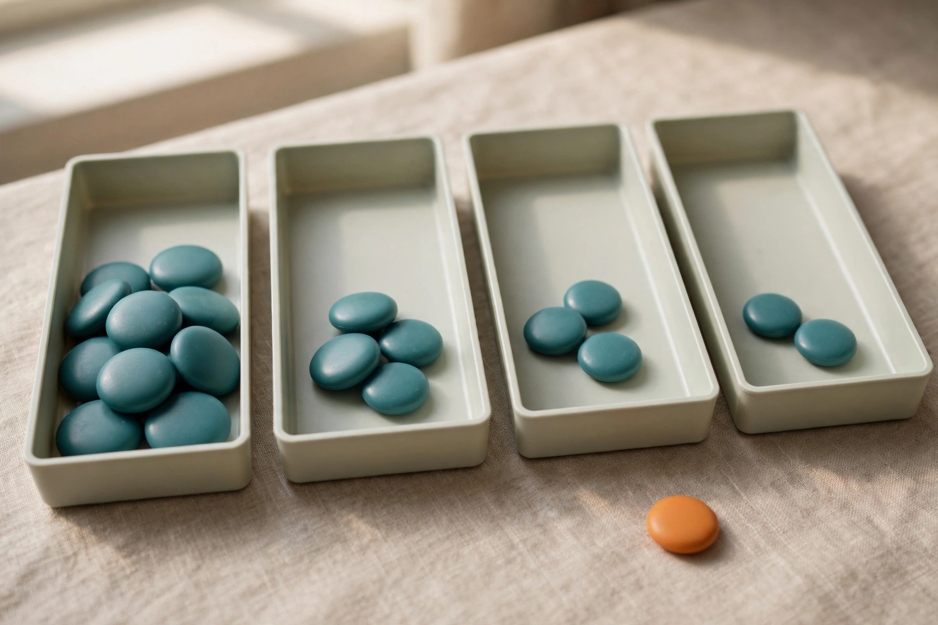 Four office sorting trays are arranged in a sequence with teal tokens, and an orange token sits separately.