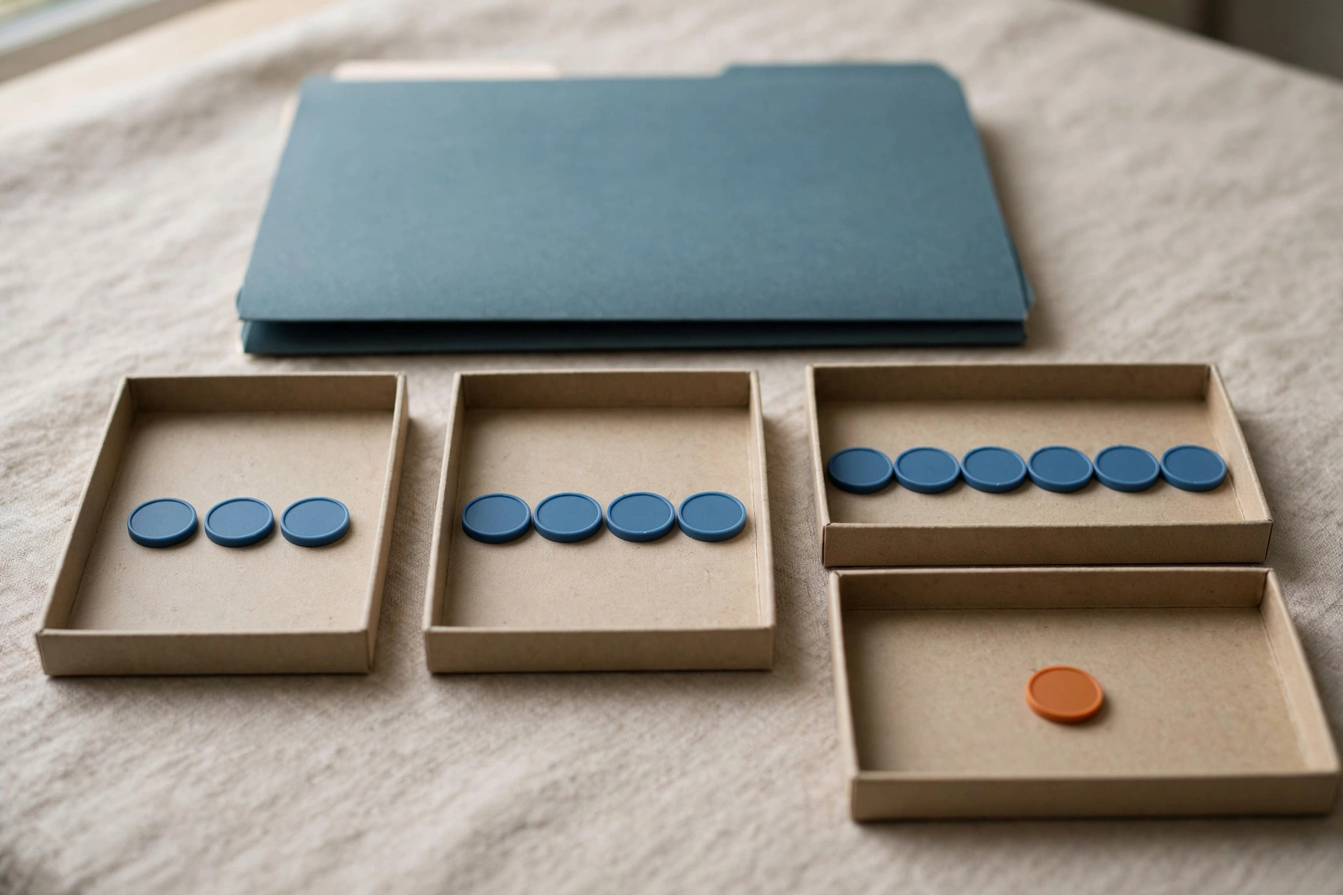 Four shallow trays with blue tokens progress from left to right, with an orange token in the last tray.