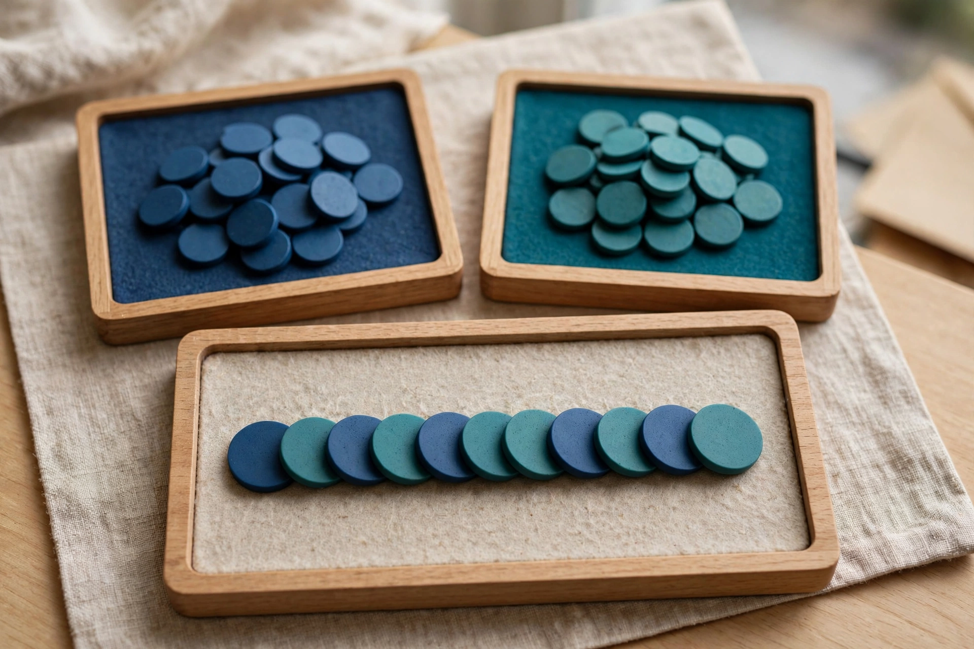 Two wooden trays hold piles of blue and teal tokens, with a third tray displaying a neat sequence of both colors.