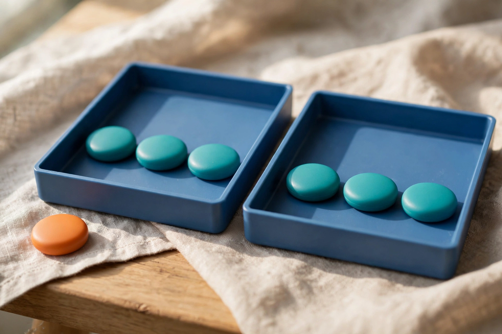 Two blue sorting trays hold teal tokens, with an orange token placed outside the left tray on a neutral cloth.