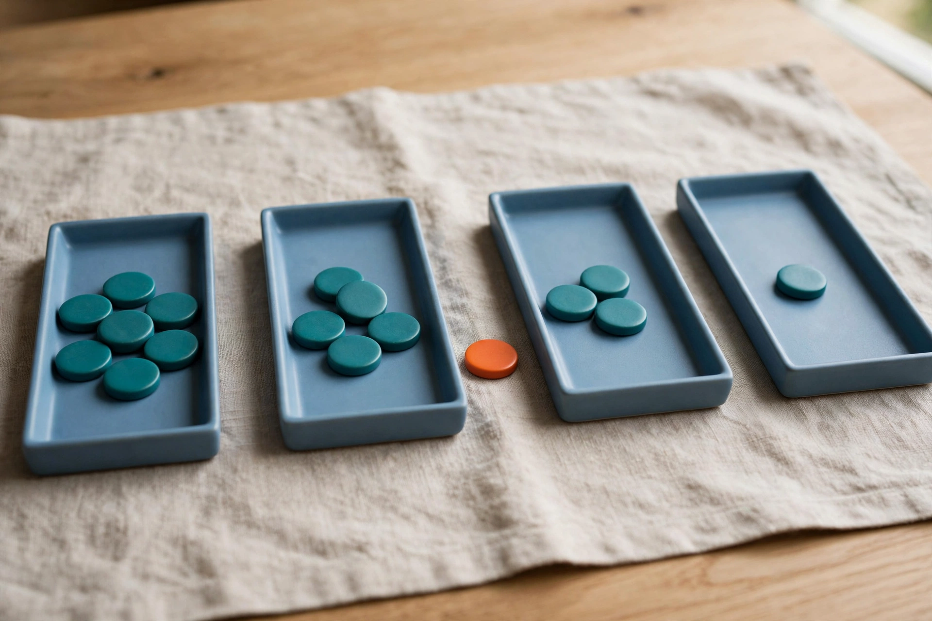 Four blue trays with teal tokens and one orange token arranged on a textured cloth.