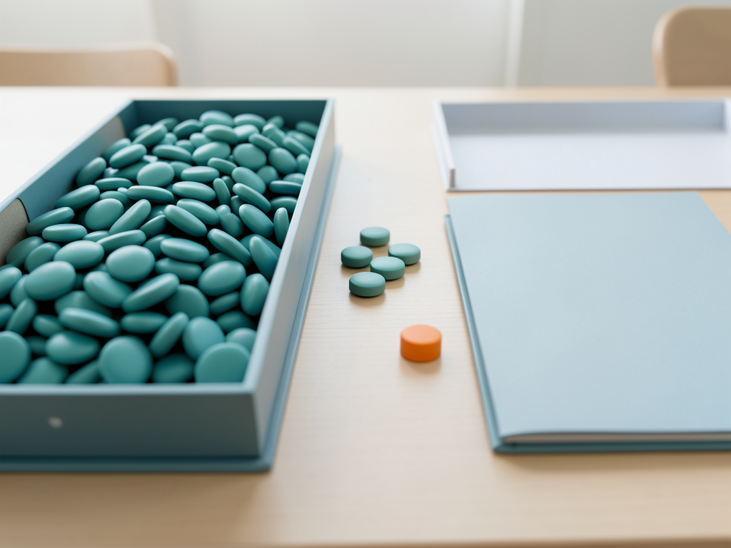 A still life composition on a wooden desk shows a tray overflowing with teal tokens, a few teal tokens, and an orange token next to a closed blue folder.