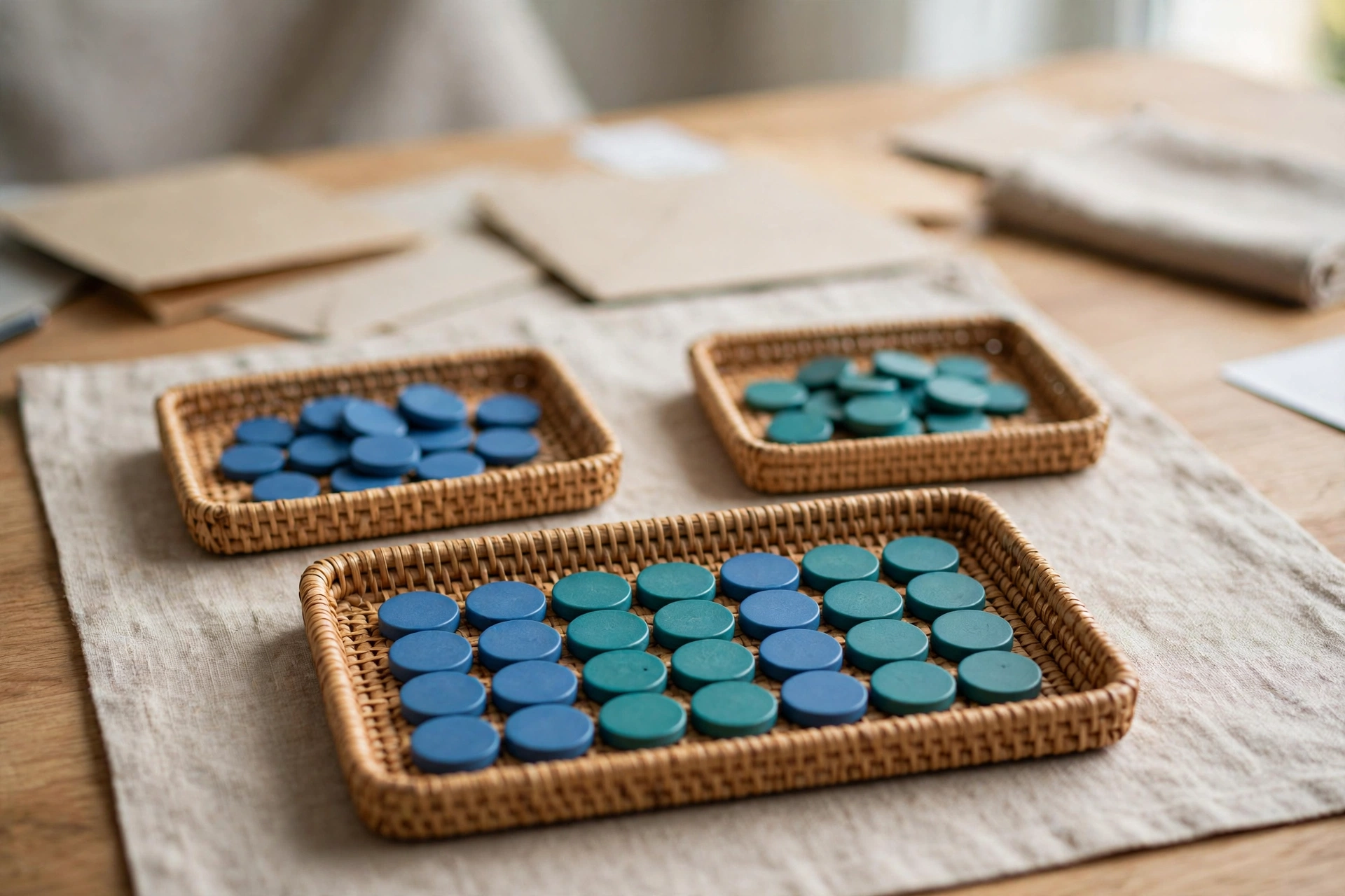 Three woven trays of blue and teal tokens are arranged on a table, with one tray showing a mixed sequence of both colors.