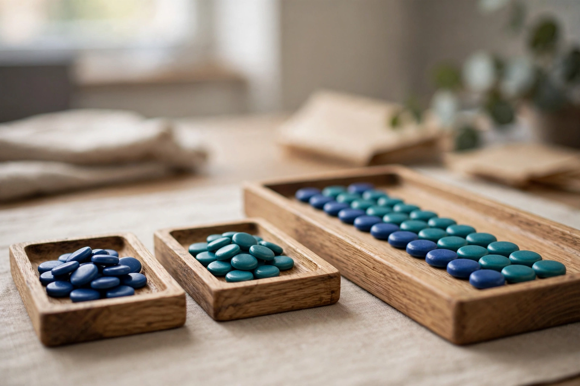 Three wooden trays with blue and teal tokens are arranged on a table, symbolizing integration.