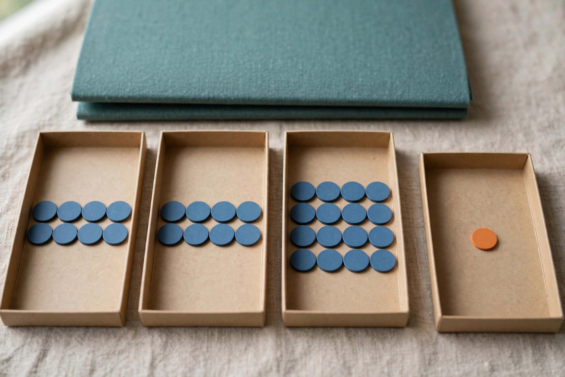 Four cardboard trays with blue tokens in the first three and an orange token in the last, with a stack of teal fabric behind them.