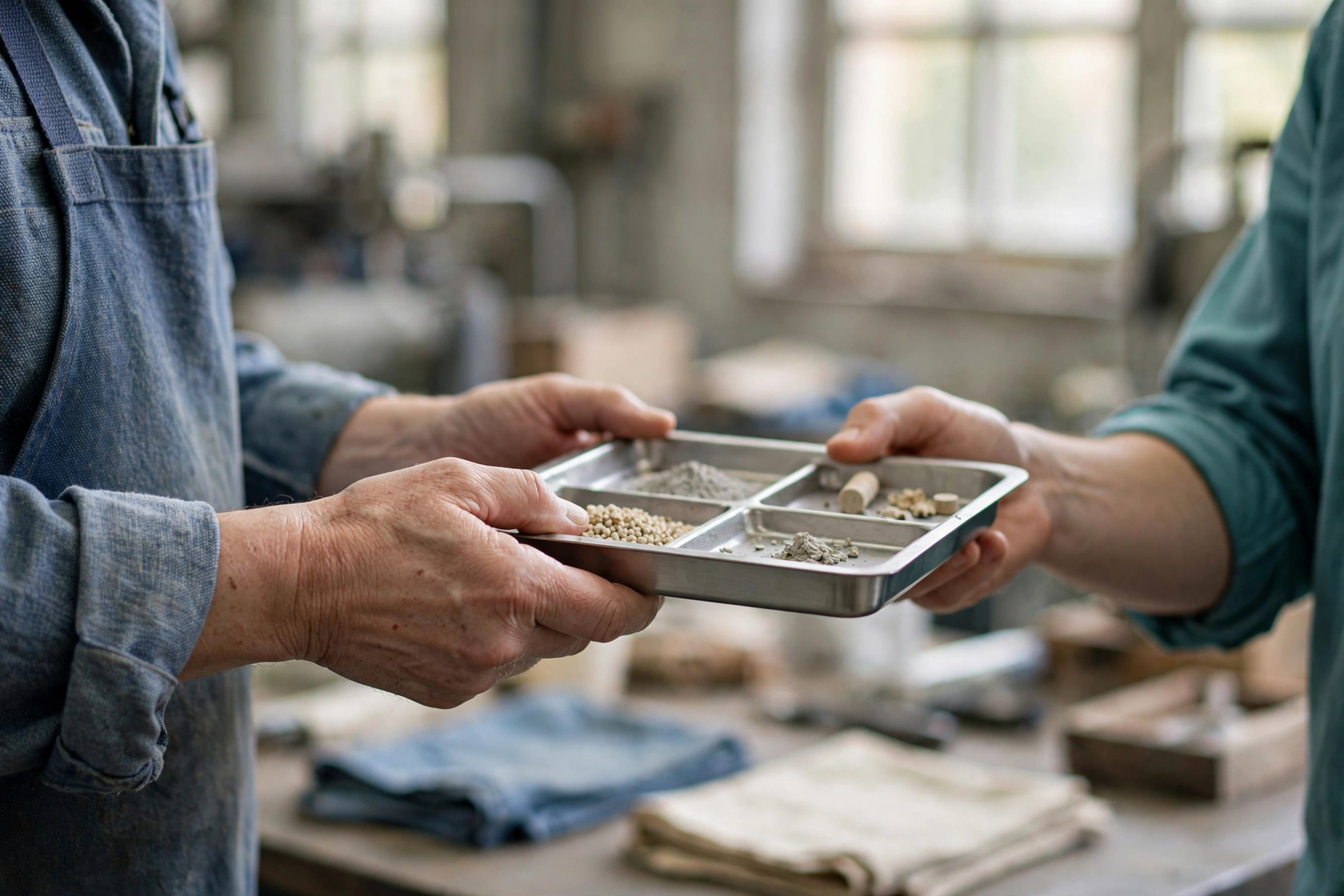 A person in an apron hands a segmented metal tray with samples to another person in a teal shirt in a workshop.