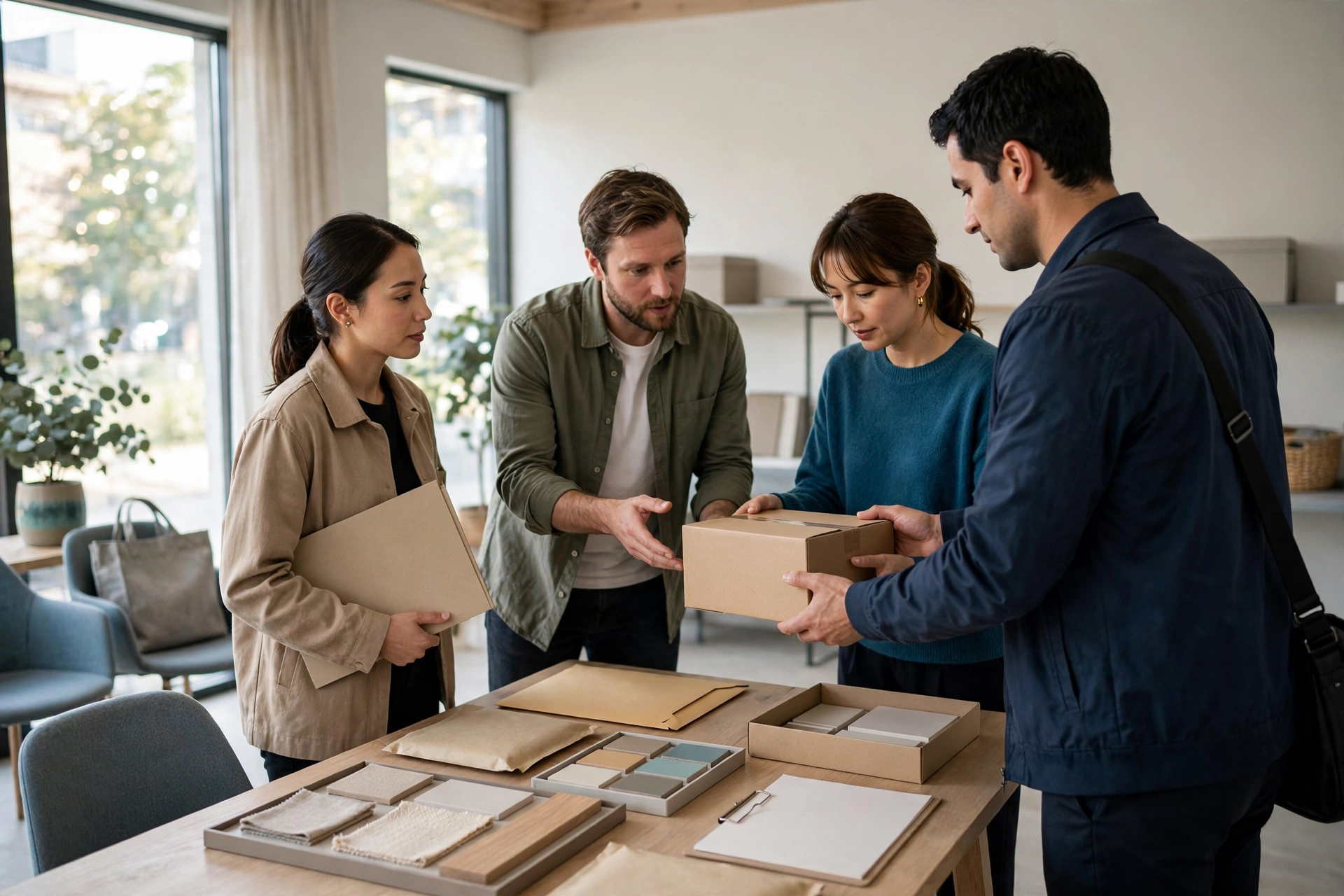 A diverse team of four people in a bright project room are coordinating a customer handoff with a box and sample materials on a table.