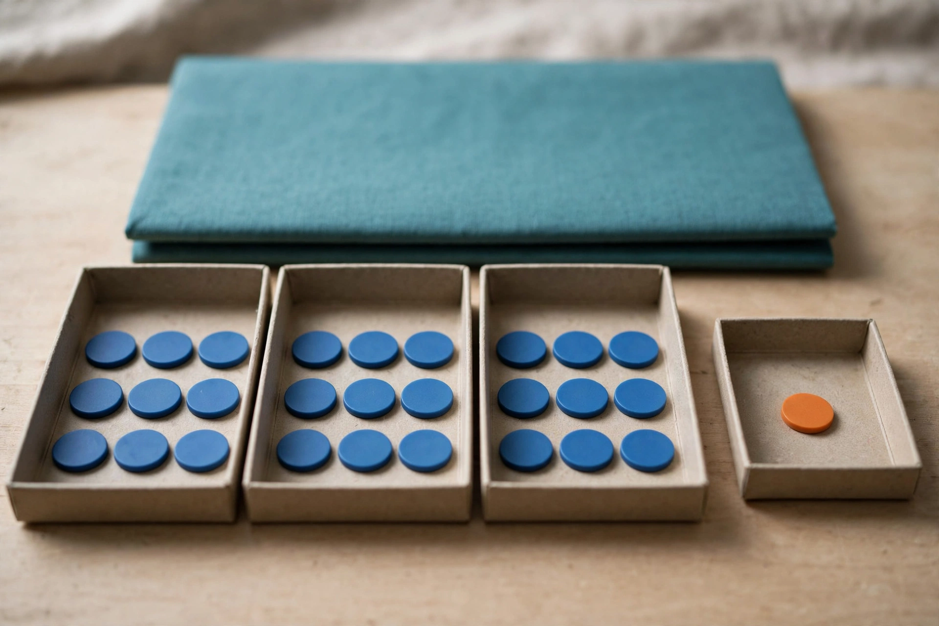 Blue tokens are distributed across three trays, with one orange token in a separate tray, and a teal folder behind them.
