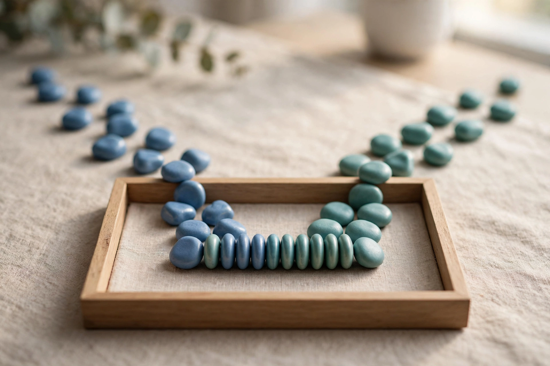 Two streams of blue and teal ceramic tokens converge into a single organized row within a wooden sorting tray.