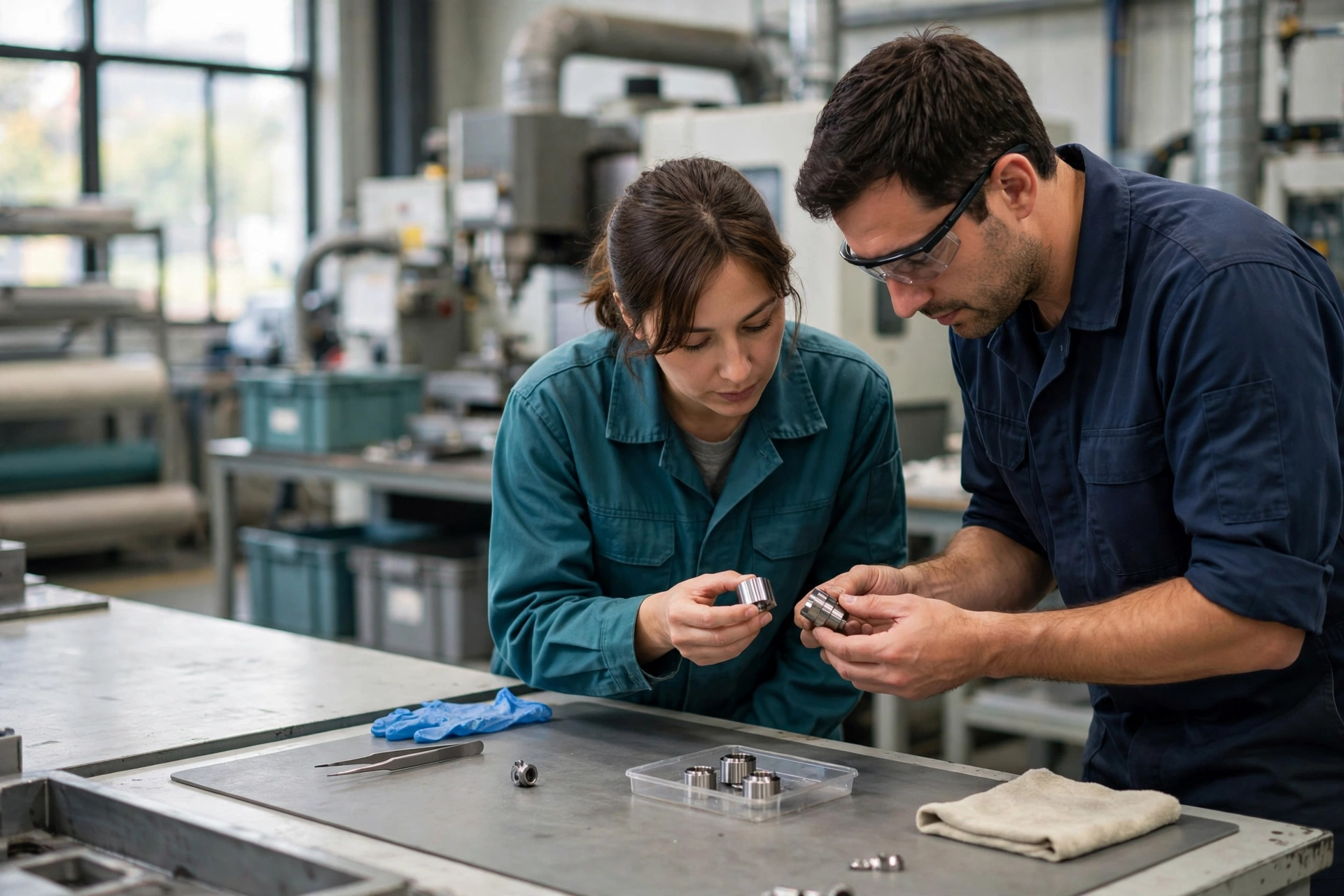 A man and a woman in a manufacturing setting compare small metal parts at a workbench with machinery in the background.