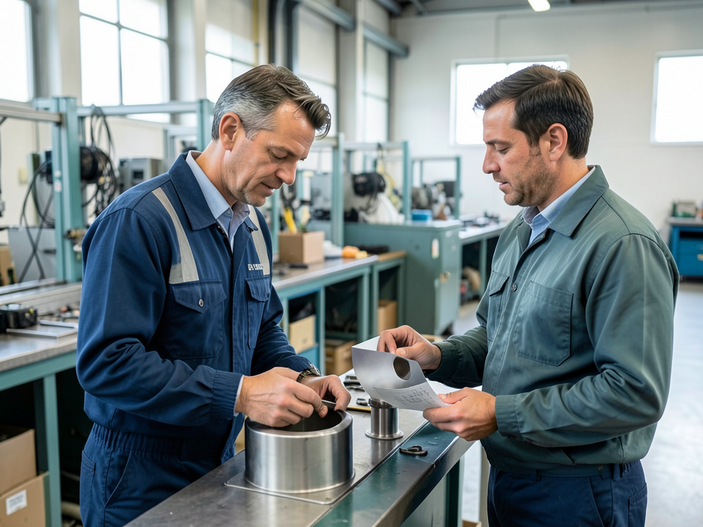 Two men in a factory work cell inspect a metal component and a document.