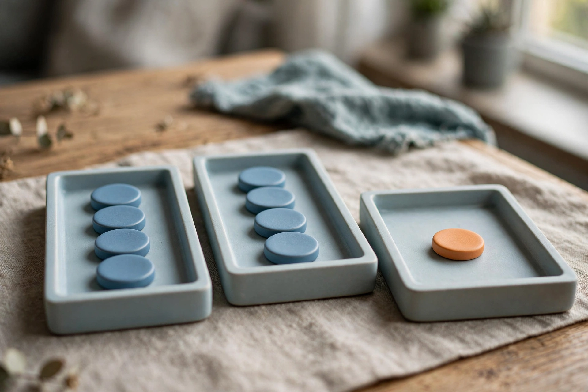 Three shallow trays with tokens sit on a textured surface, two trays hold blue tokens and one holds a single orange token.
