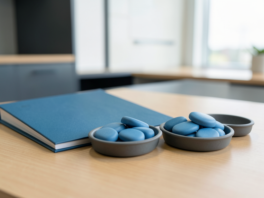 A blue book and blue tokens in shallow trays are arranged on a wooden desk, symbolizing a delivery handoff process.
