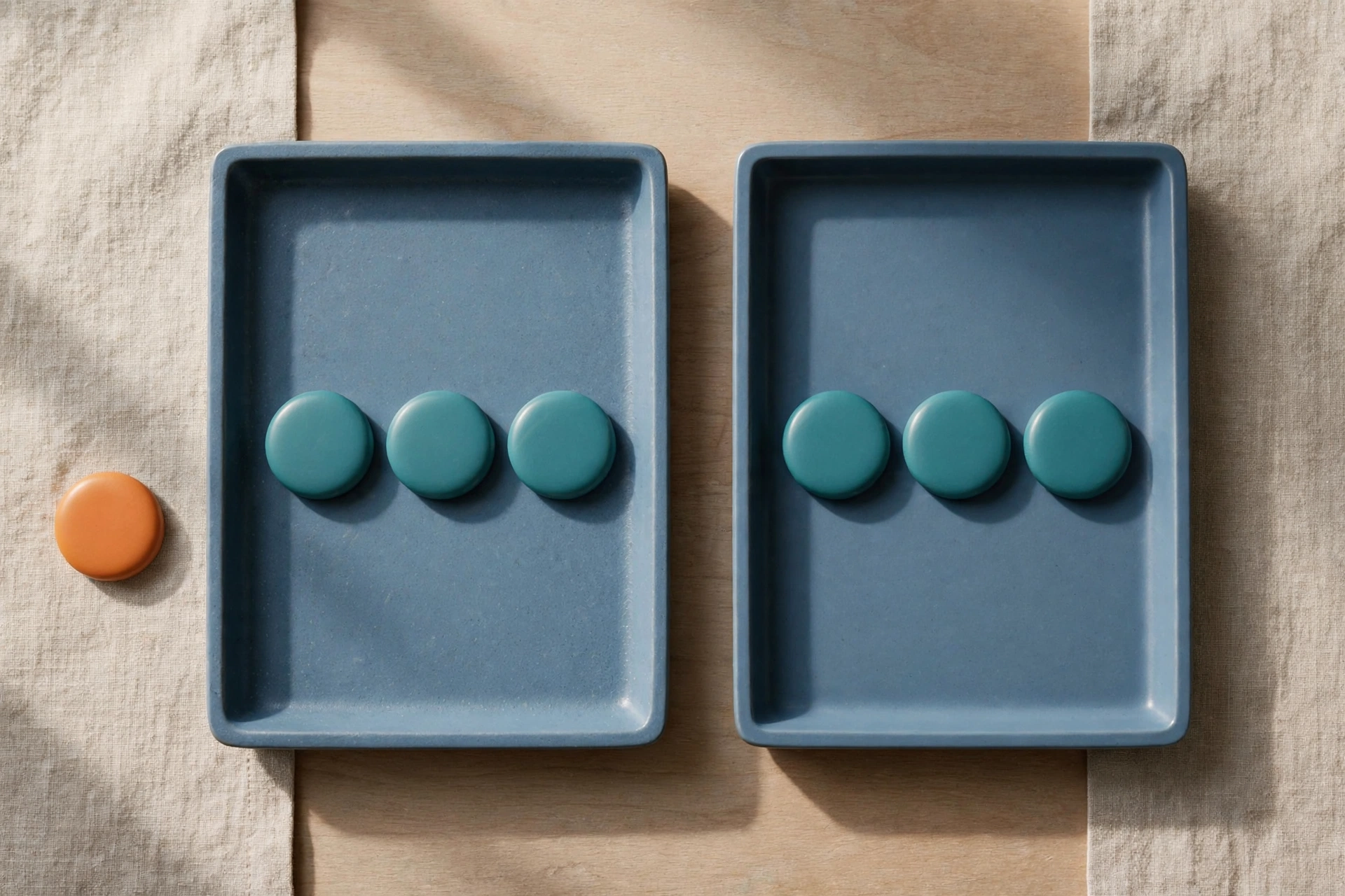 Two blue trays hold rows of teal tokens, with an orange token beside one tray.