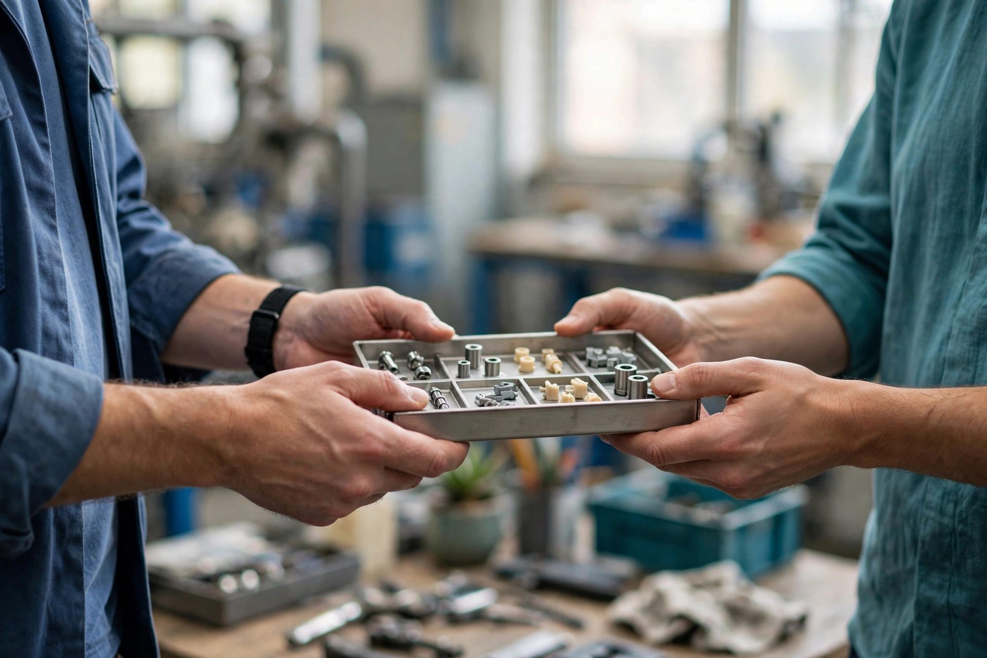 A plant operations colleague hands a tray of metal and plastic parts to a customer-facing teammate in a bright manufacturing workshop.