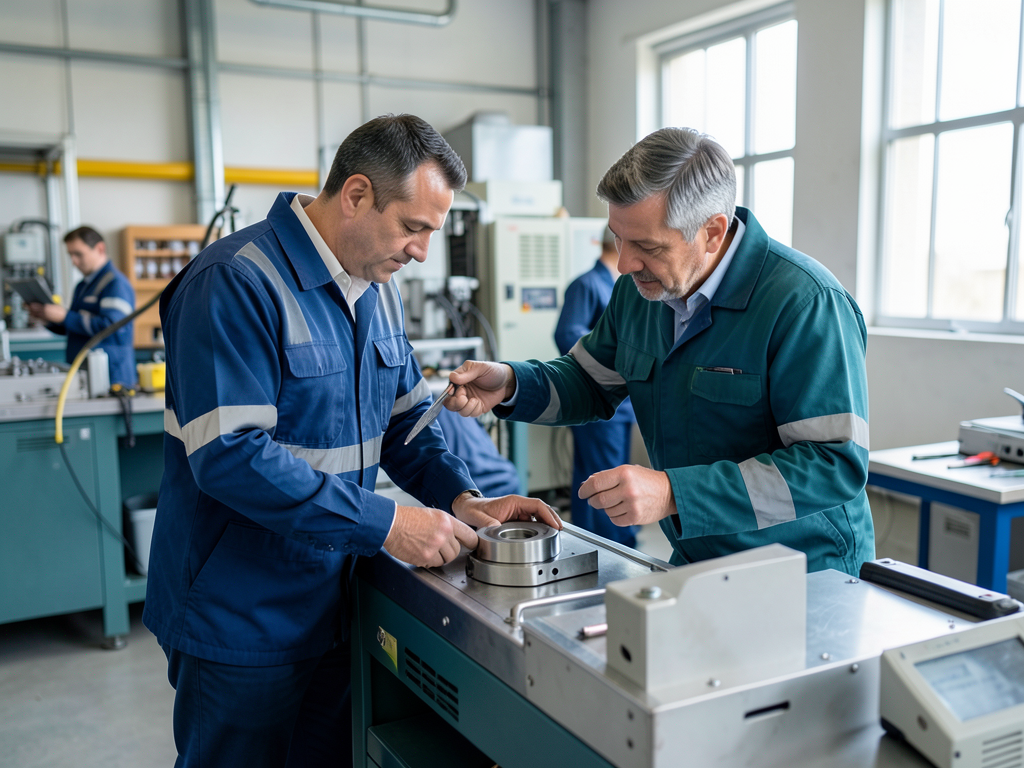 Two men in a factory work cell inspect a metal component, with one man pointing to it with a tool.