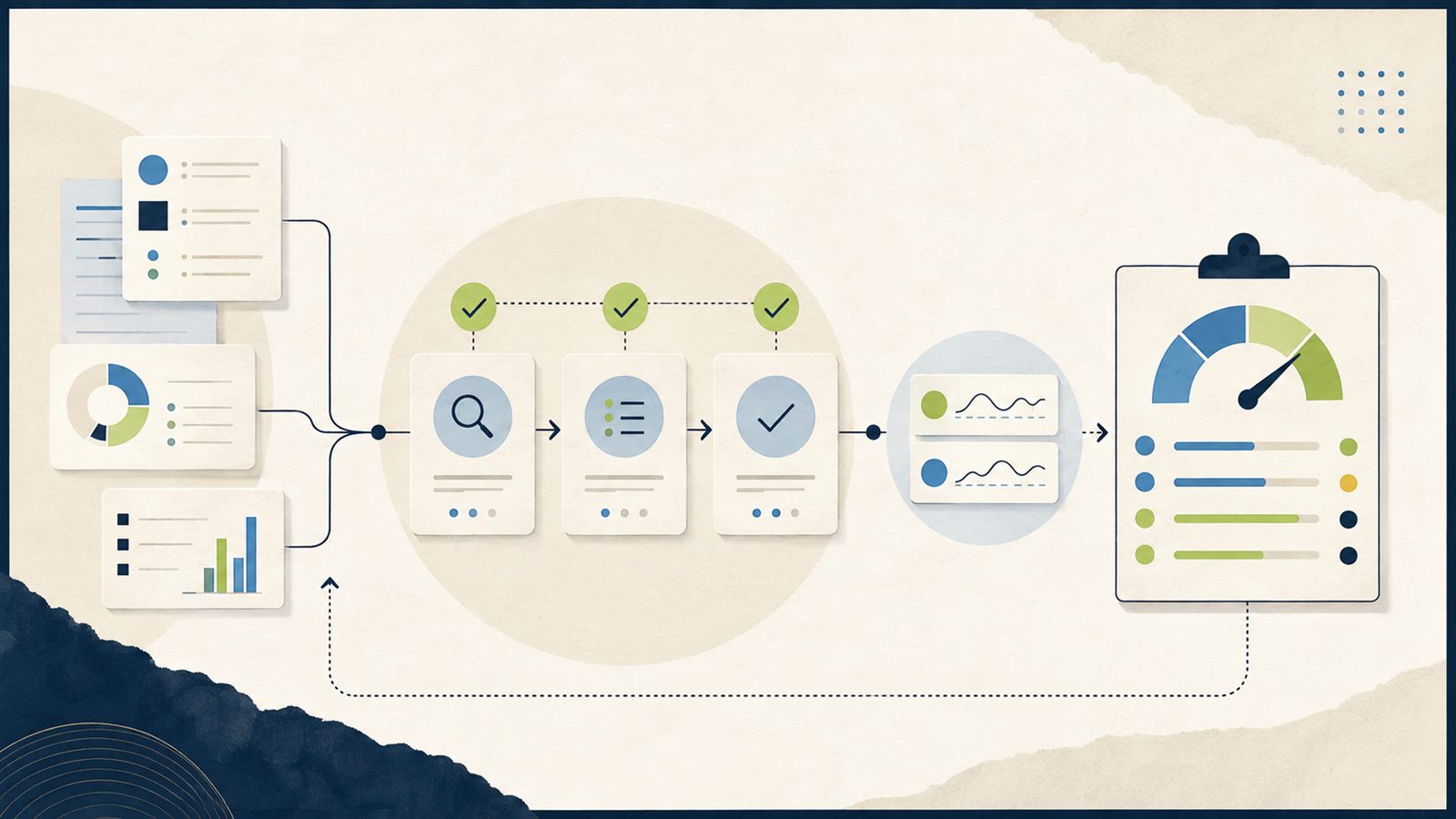 Estimate inputs move through review checkpoints into an accuracy scorecard and feedback loop.